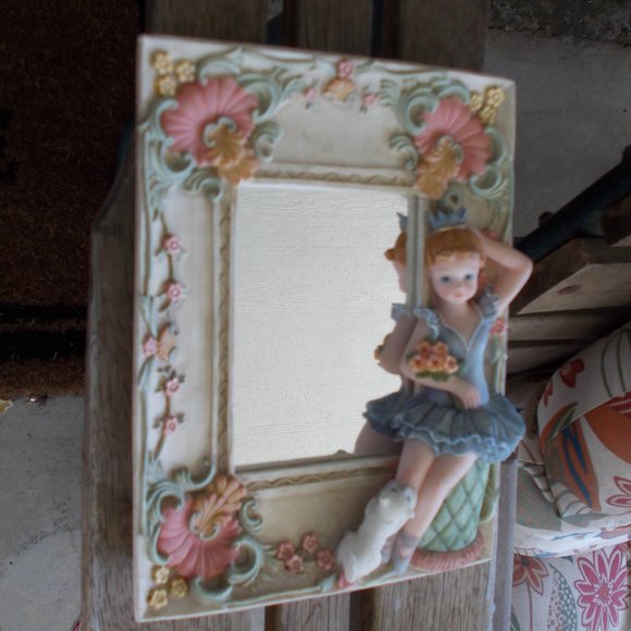 EUC Ballet girl w/flowers & kitten Porcelain frame w/mirror - Picture 2 of 5
